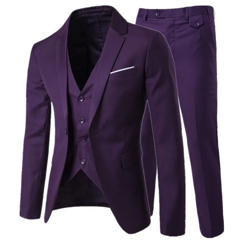 suit + vest + pants 3 pieces sets / Men's  one buckle and two button business suits blazers jacket coat + trousers +waistcoat
