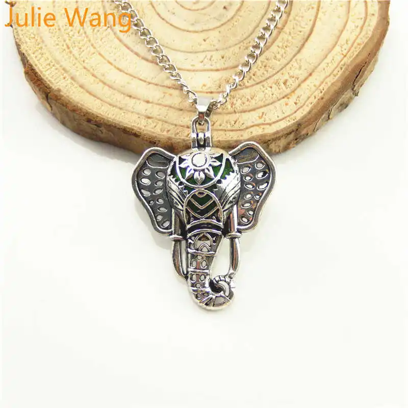 

Julie Wang 1PCS Alloy Antique Colors Elephant Head Necklace Pendant Pearl Beads Essential Oil Diffuser Locket Women Girl Jewelry
