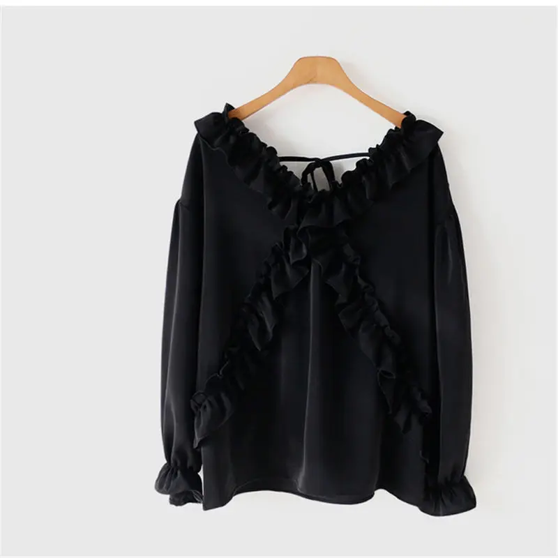 Hzirip женские новые блузки весенние шифоновые модные повседневные свободные оборки Однотонная рубашка с v-образным вырезом с длинным рукавом женские блузы Mujer - Цвет: black