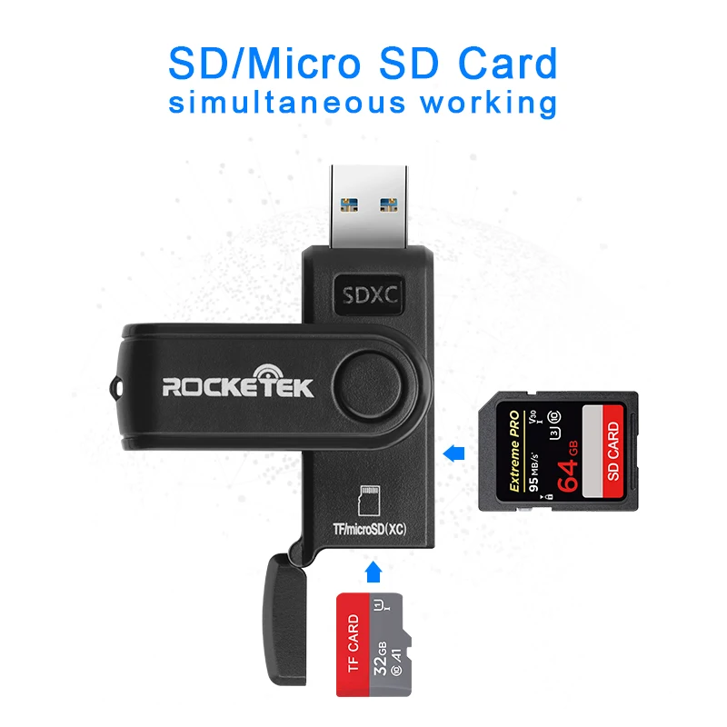 Rocketek same time read 2 cards usb 3.0 multi 2 in 1 memory card reader adapter for SD/TF micro SD computer laptop accessories
