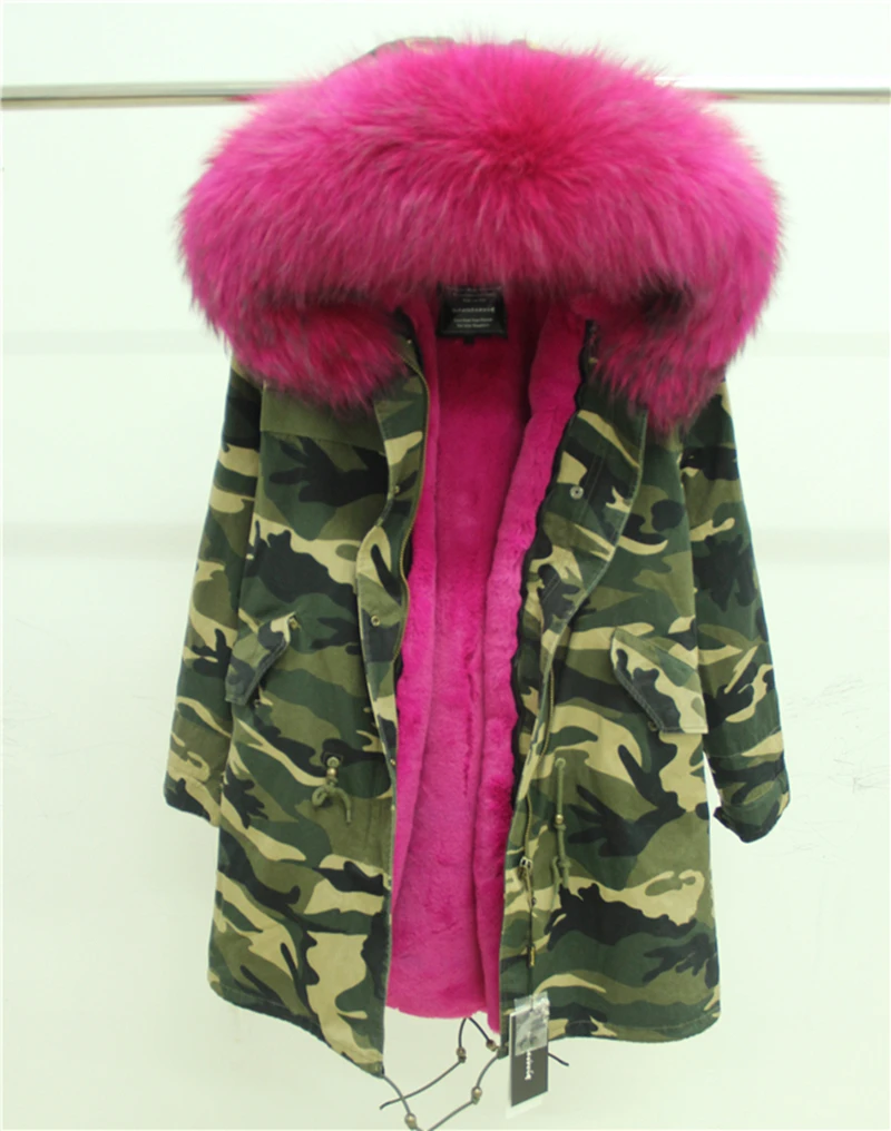 Мех Любовь Женщины Зима Camo Parka большой енота меховым воротником куртка с капюшоном Верхняя одежда 2 в 1 съемная подкладка зимняя куртка фирменный стиль