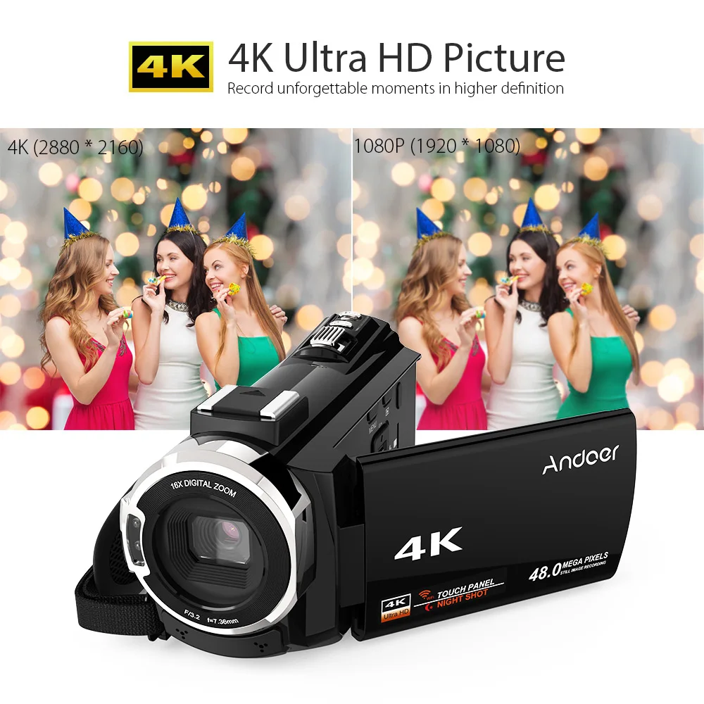 Andoer 4K 1080P 48MP WiFi цифровая видеокамера рекордер с 0.39X широкоугольным макро-объективом внешний микрофон