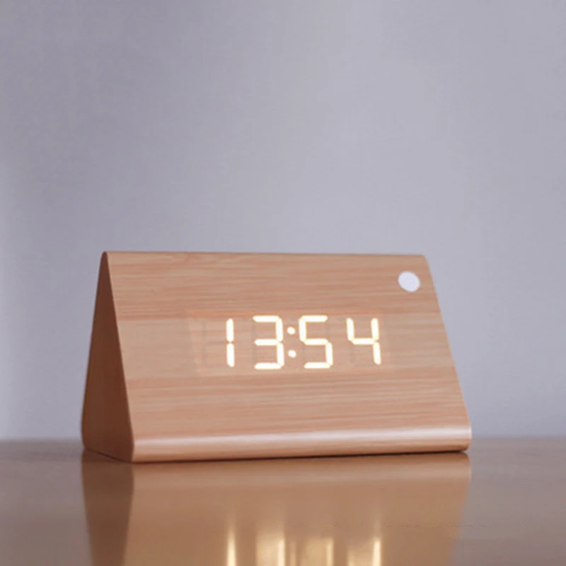 

Bamboo Digital Alarm Clock Wooden LED Alarm Clock Temperature Sound Control Desktop Clocks Electronic Display Home Decor