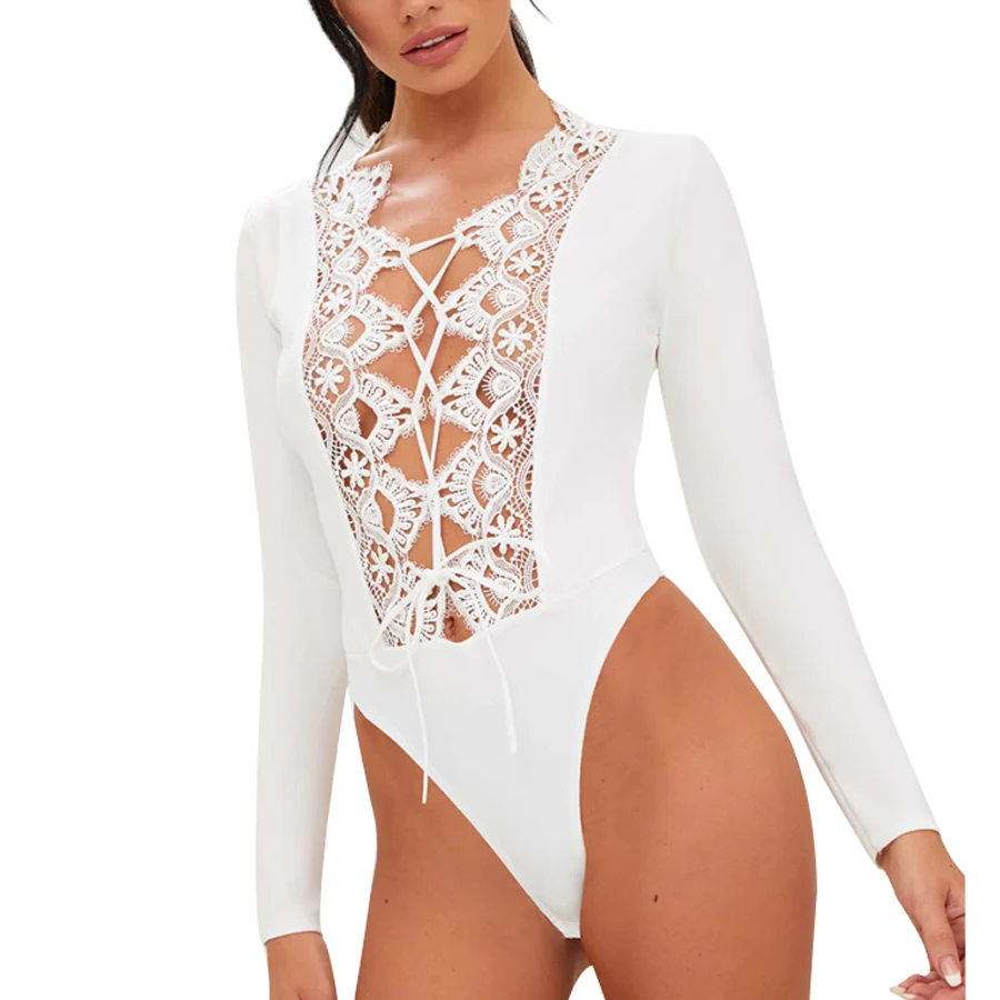 Hollow Out Lace Crochet Sexy Bodysuit Women Autumn Long Sleeve Bandage