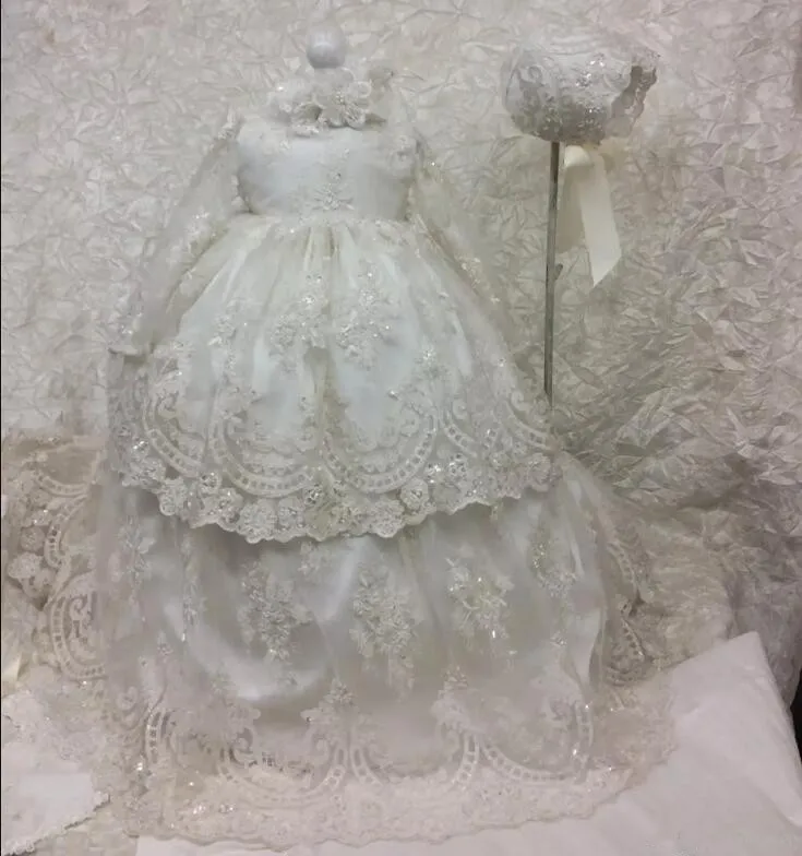 

New Long Christening Dresses For Baby Girl With Long Sleeves Baptism Gown Sequined Tulle Lace Appliqued Kids Birthday Gown