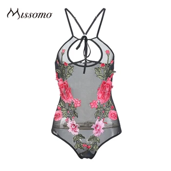 Missomo 2017 New Fashion Women Black Lace Sexy Flower Halter Straps Hight Leg Mesh Soft Adjustable Embroidery Bodysuits
