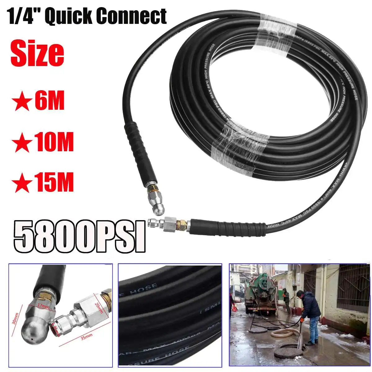 

6/10/15M 1/4 Inch Quick Release Drain Sewer Cleaning Hose 5800PSI Pressure Washer Hose for Water Spray-gun