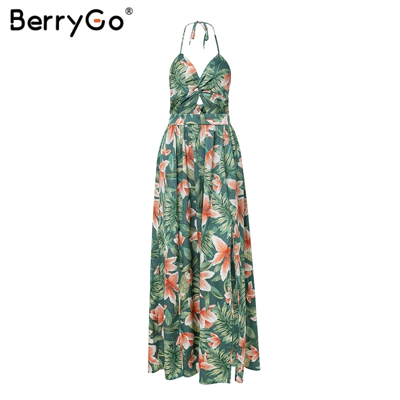 BerryGo женское длинное платье, сексуальное платье макси с цветочным принтом, винтажное летнее платье с разрезом и v-образным вырезом, вечернее платье с открытой спиной, vestidos - Цвет: Green