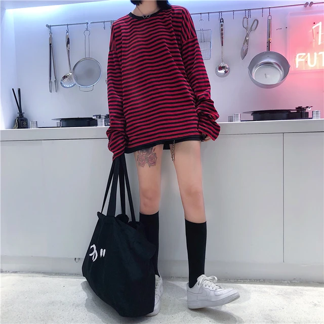 Women Men Fashion Brand Korea Style Vintage Black Red Stripe