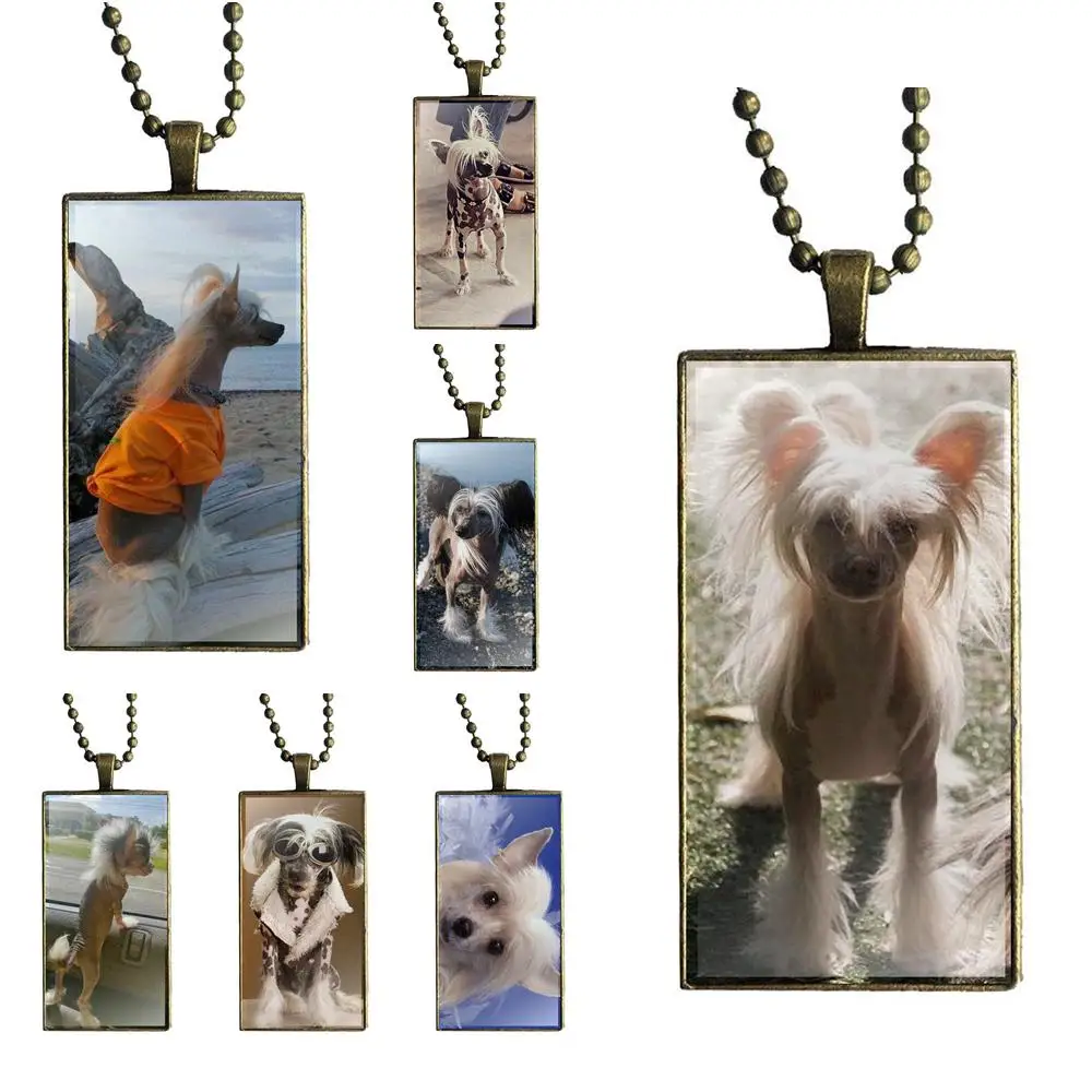 

EJ Glaze Dog Of Breed Chinese Crested For Men Women Gift Design Fashion Vintage Glass Women Rectangle Necklace Pendants
