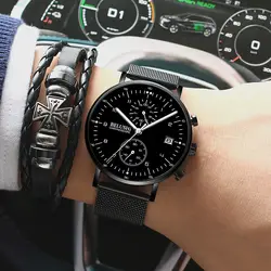 Новые модные часы для мужчин сталь сетки водостойкие Дата кварцевые наручные часы Multi светящийся хронограф Relogio Masculino
