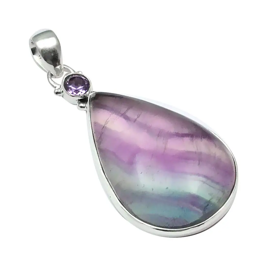 

Genuine Fluorite + Amethyst Pendant 925 Sterling Silver, 53.3 mm, 2SP0119