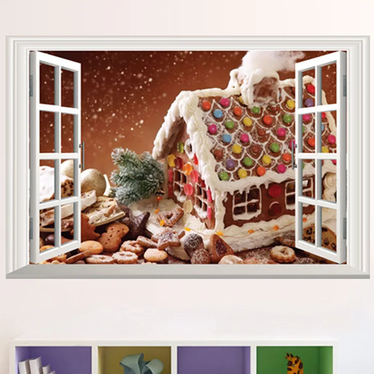 

Fake Window Landscape Wallpapers Christmas Decoration White Snow House Wall Stickers Living Room TV Sofa Decor Wall Decals Mural