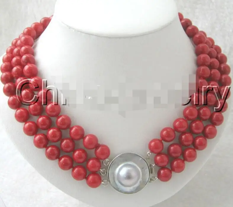 

Women Gift word Love Hot sale Shipping>>>>AAA 3row 10mm natural perfect round red coral necklace-925 silver b silver-jewelry