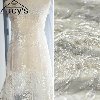 

2017 super luxurious heavy beaded European style wedding lace fabric Ivory beads sequins lace embroidered 1 Yard