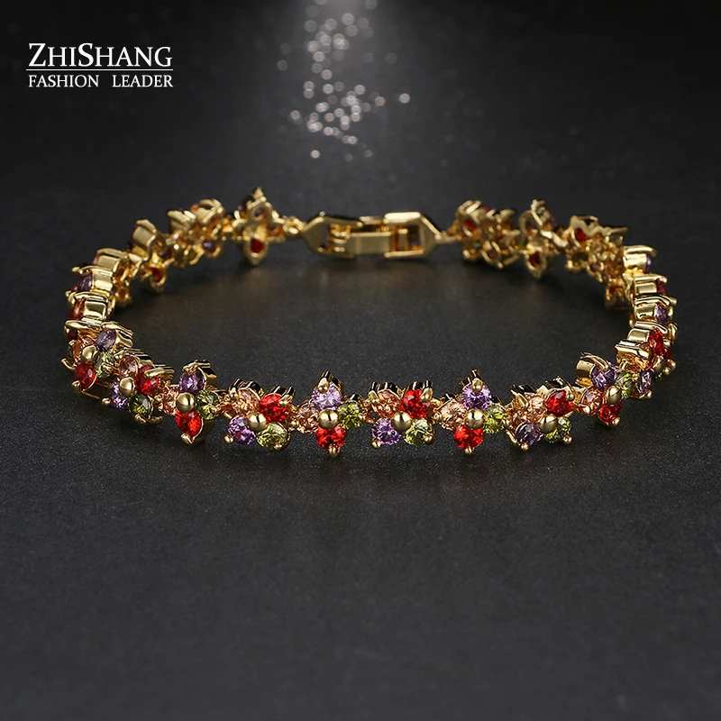 Luxury Gold Color Flower Bracelet For Girl Party Inlay CZ Crystal