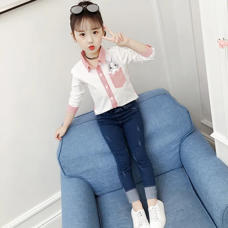

Blouses Baby Girl 2018 Autumn Cotton Shirt for Teens Kids Striped Blouse Size 3 To 14Years Girl Clothes Tenages Cartoon Cat New