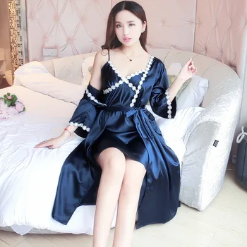 

2018 New Women Sexy Lace Silk Robe & Gown Set Sleep Dress+Bathrobe Two Piece 5 Color Robe Bridesmaid Wedding Sleepwear Homewear