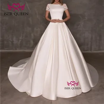 

Square Collar Half Sleeves Lustrous Satin Wedding Dresses Ivory Spanish Style Embroidery Bridal Gown Court Train w0533