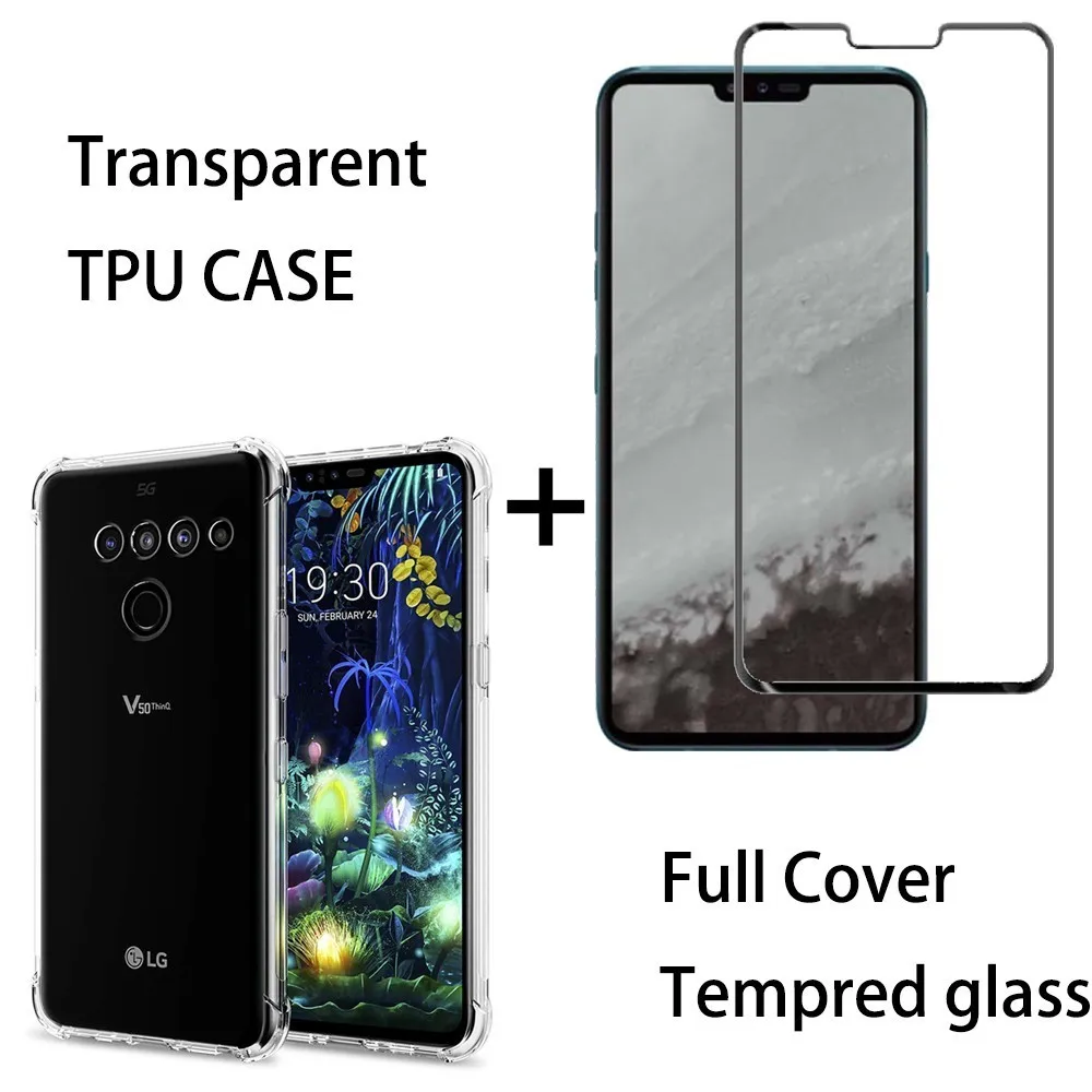 

For LG V50 ThinQ 5G G8 G8s Thinq Transparent Soft TPU Back Cover Case with Full Cover Black Tempered Glass Screen Protector