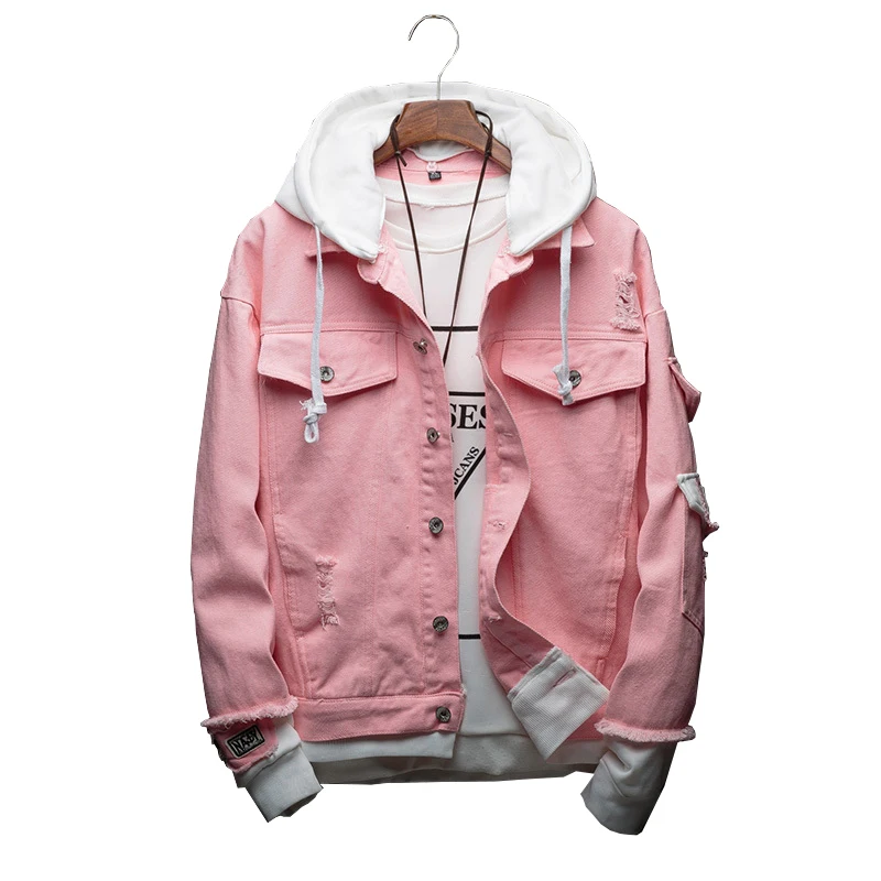 

2019 Autumn New Hooded Denim Jacket Mens Fashion Fake Two Pieces of Streetwear Bomber Jacket and Coat Man Cotton Cowboy Clothes