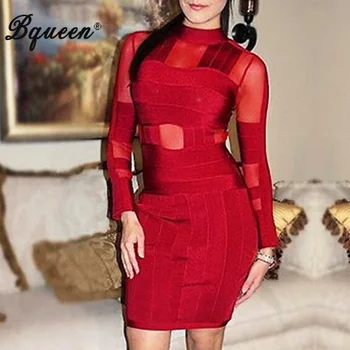 

Bqueen 2017 New Mesh Patchwork Long Sleeve Red Bandage Dress