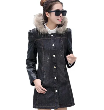

Denim Winter Coat Women Fashion Trench Coat Plus Size Oversized Coat Fashion Hooded Overcoat PU Leather Sleeve Coat