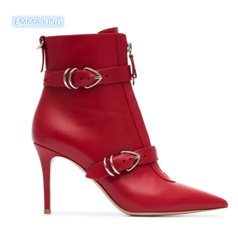 

Autumn Winter High Heels Ankle Boots Women Red Leather Pointed Toe Shoes Stiletto Heels Belt Buckle Strap Zipper Chelsea Boots
