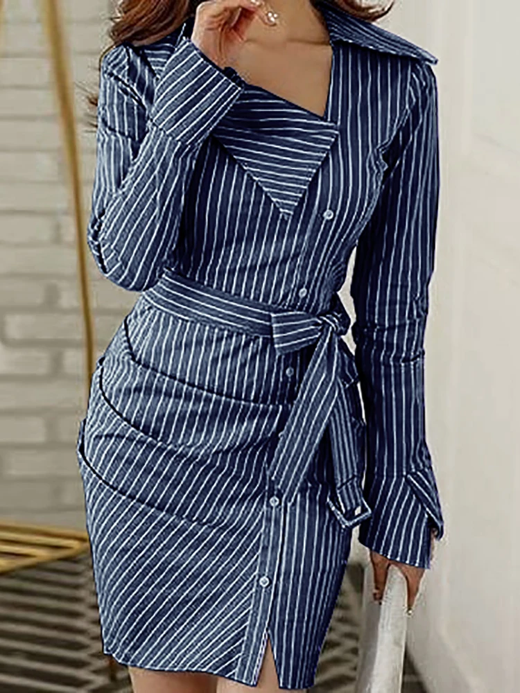 Женская Элегантная Модная полосатая облегающая блуза с пуговицами в тонкую полоску с рюшами, Необычные платья-рубашки с поясом