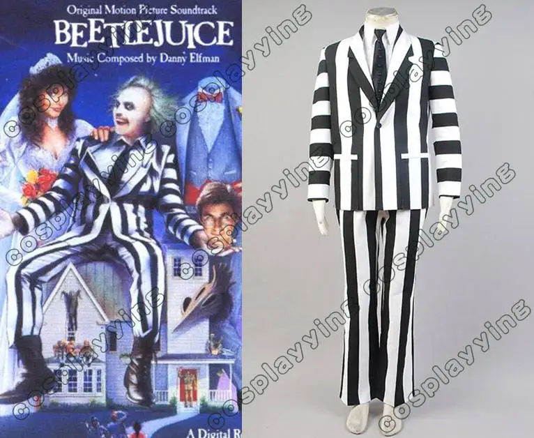 

Adult Beetlejuice Cosplay Costume Michael Keaton Black&White Suit Halloween Outfit