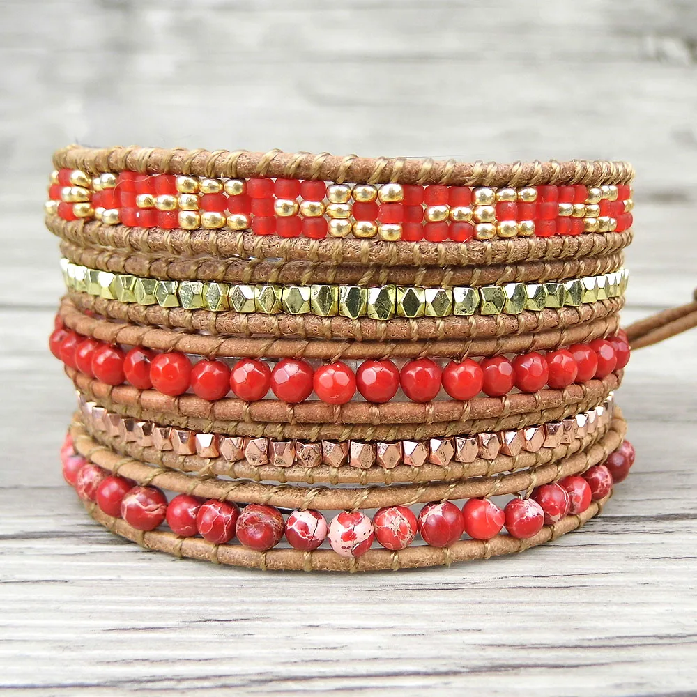 

Leather wraps bracelet red natural stone bracelet boho natural stone bracelet yoga jewelry bohemian