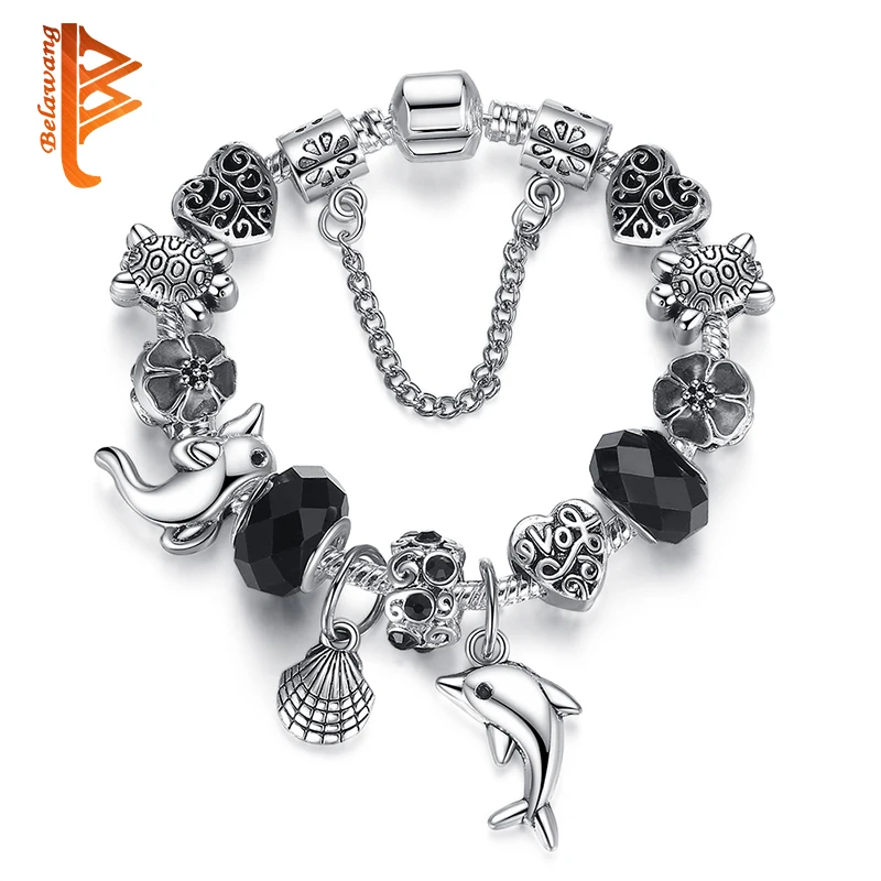 

BELAWANG Ocean Style Black Crystal/Glass Beads Charm Bracelets & Bangles European Turtle Beads Bracelets For Women Jewelry Gift