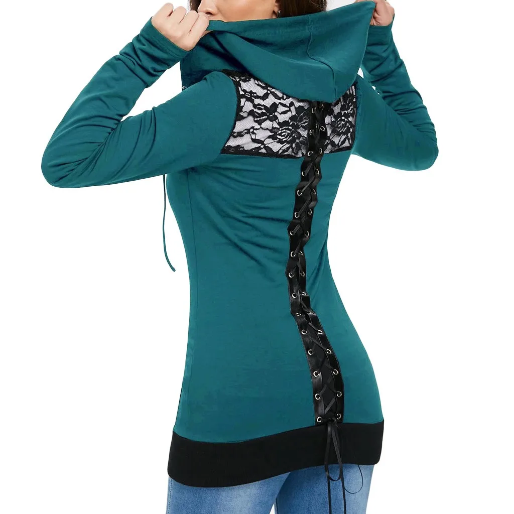 

Women cotton hoodies sweatshirts plus size lace drawstring loose warm long-sleeved sports hooded O-neck running tops