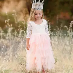Летнее платье для девочек от 3 до 8 лет многослойное Кружевное платье-пачка принцессы для свадебной вечеринки с цветочным узором для