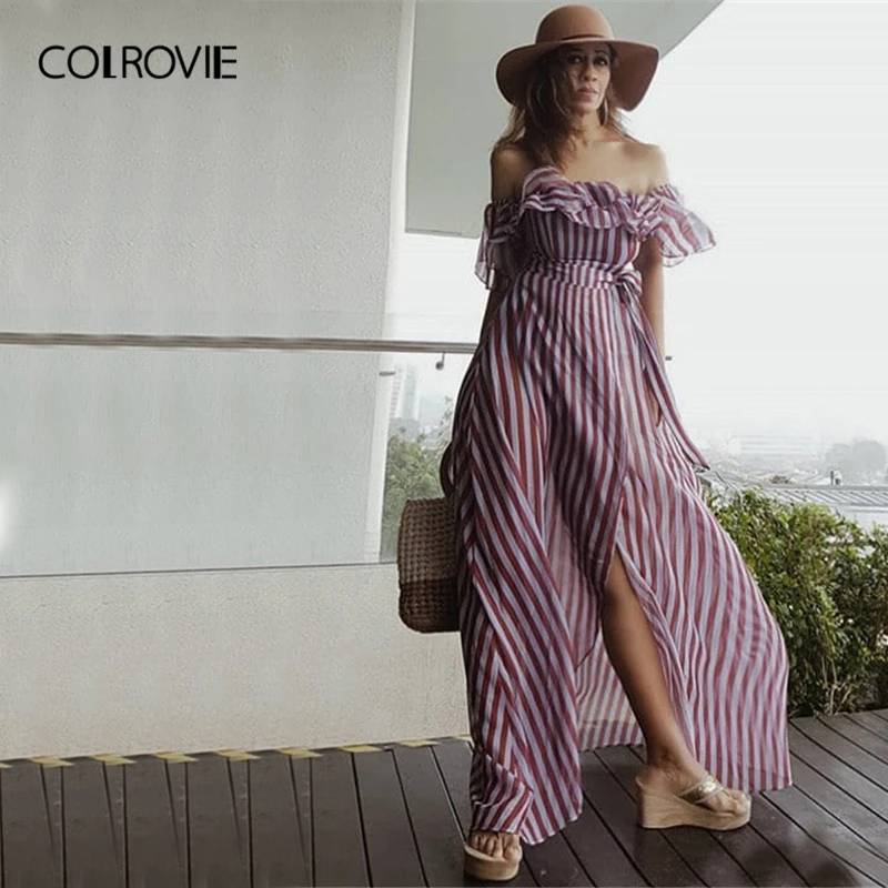 

COLROVIE Striped Belted Layer Ruffle Off The Shoulder Boho Maxi Dress Women 2019 Summer High Waist Vacation Female Dresses