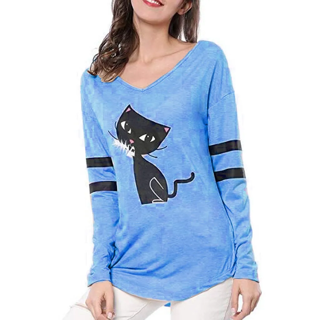 

Feitong Fashion Women T Shirt Spring Cat Splice Loose Long Sleeve V-Neck T-Shirt Tops Tee Tops Female T shirt Women Clothing