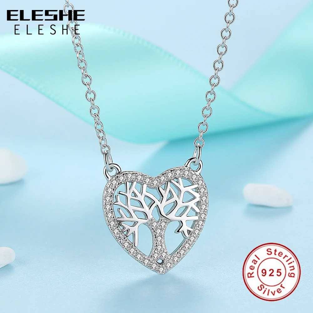 ELESHE Romantic Real 925 Sterling Silver Crystal Heart Shape Tree of Life Pendant Necklaces for Women Fashion Jewelry Collares
