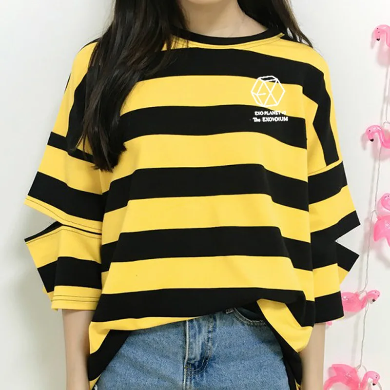 

kpop exo CHAN YEOL BAEK HYUN Same paragraph Five-point sleeve Openwork striped tshirt Harajuku Student wear Korean clothes