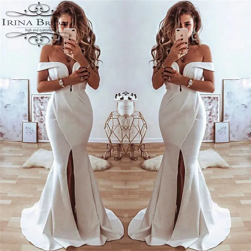 Irina Bridals от плеча из сатина высокий разрез просто свадебное платье