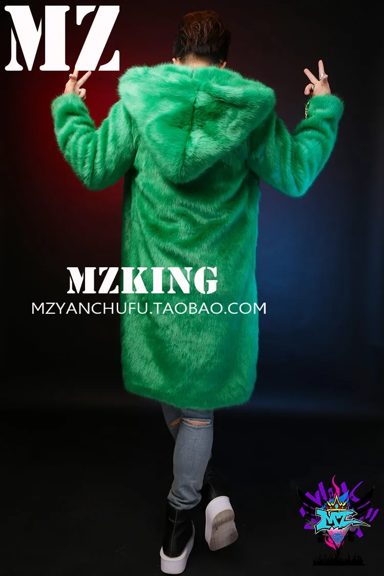 S-5XL! Мужская Новая тонкая диджей певец DJ Rihanna зеленая Высококачественная имитация лисьего меха длинные костюмы с капюшоном пальто с мехом одежда