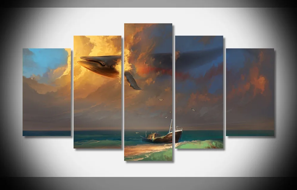 

8309 Sea Ship Birds Whale Clouds poster Framed Gallery wrap art print home wall decor wall picture Already to hung digital