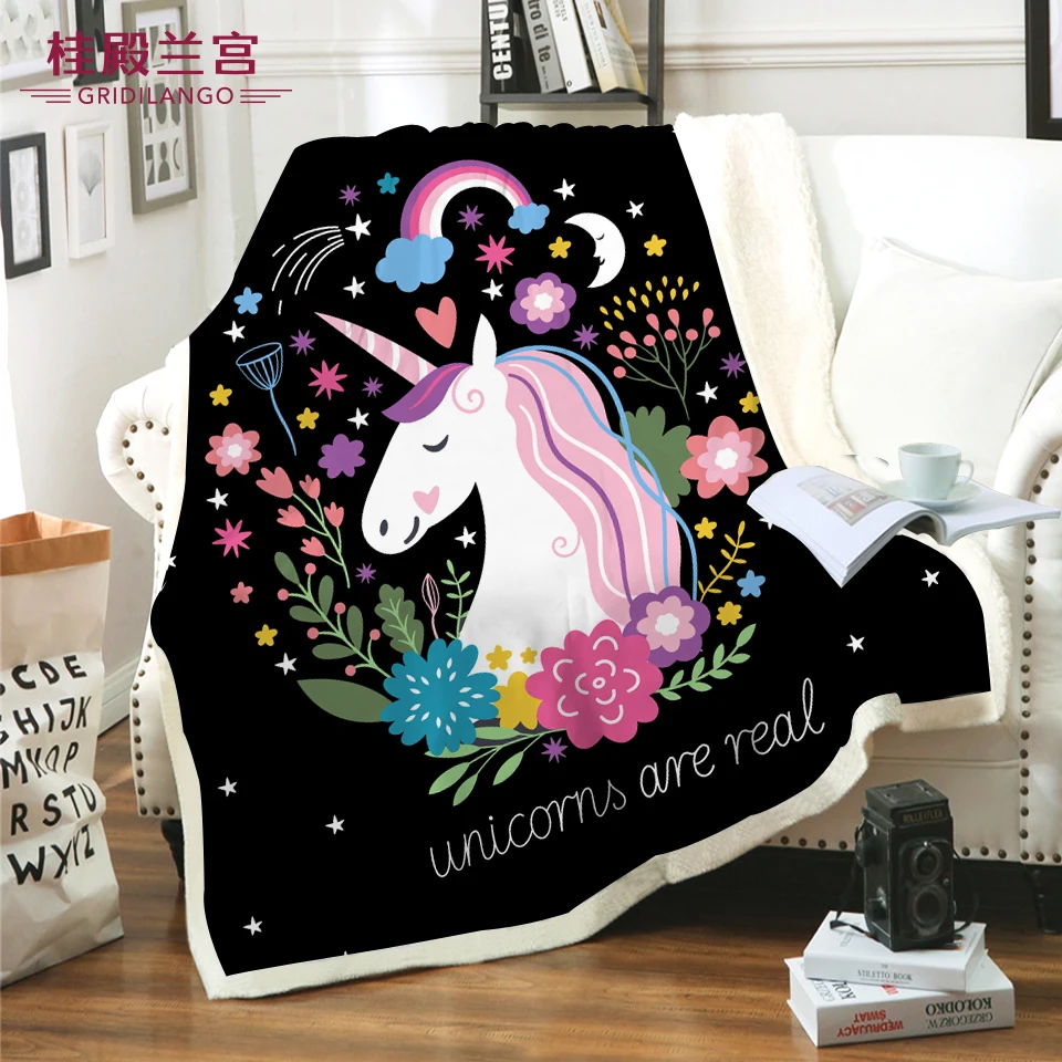 

GRIDILANGO Customized Cartoon Unicorn Black Microfiber Bed Blanket Plush Sherpa Throw Blanket for Kids Adult Gifts Dropshipping
