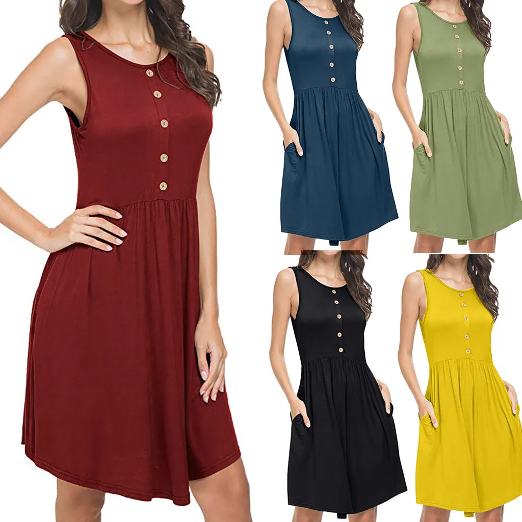 

Hot Sale Solid Color Casual Dress Women's Summer Sleeveless Casual Loose Swing T-Shirt Dress with Pockets Dress robe femme #C