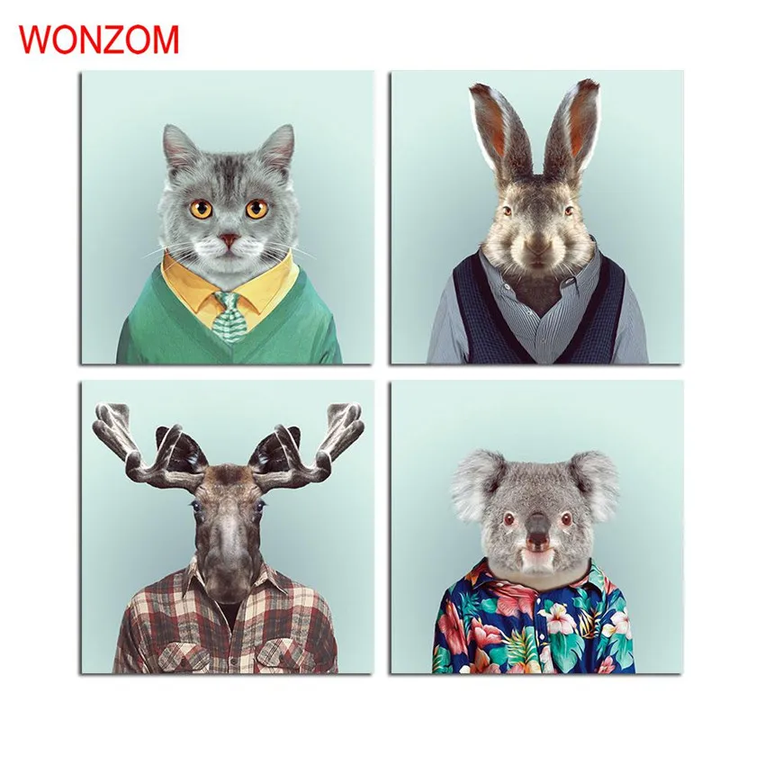 Funny Animals Print Canvas Printing Modern Wall Art Pictures 4 Panels