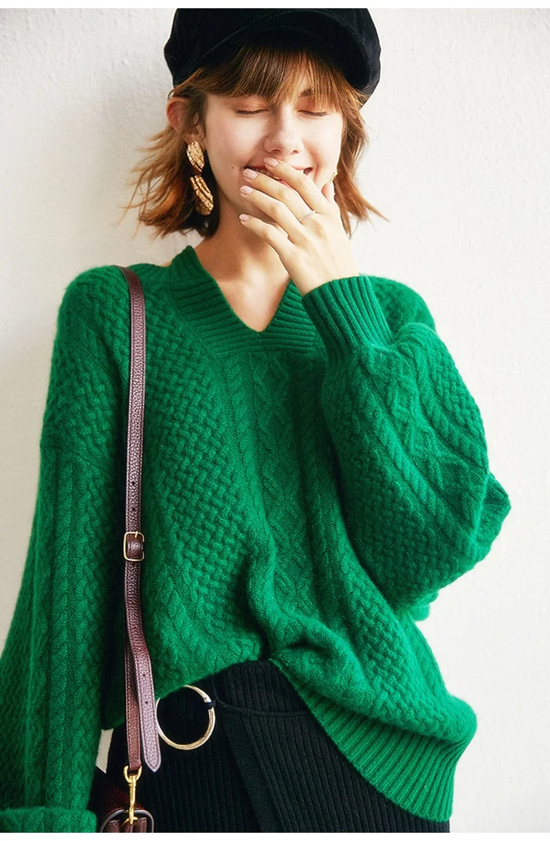 Весенний кашемировый свитер женский вязаный пуловер женский джемпер зеленый шерстяной ретро свитер женский свободный пуловер с рукавом летучая мышь