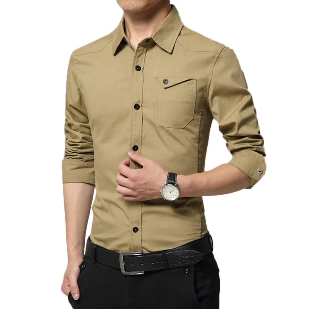 Camisas Hombre,Hombres oto/ño Casual Militar Cargo Slim bot/ón Manga Larga Camisa Tops Blusa