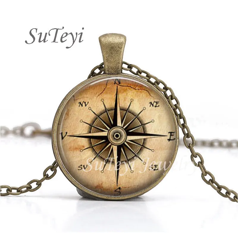 

SUTEYI 2017 Vintage Glass Dome Cabochon Necklace Fashion Compass jewelry Steampunk Compass pendant Round Glass Necklace