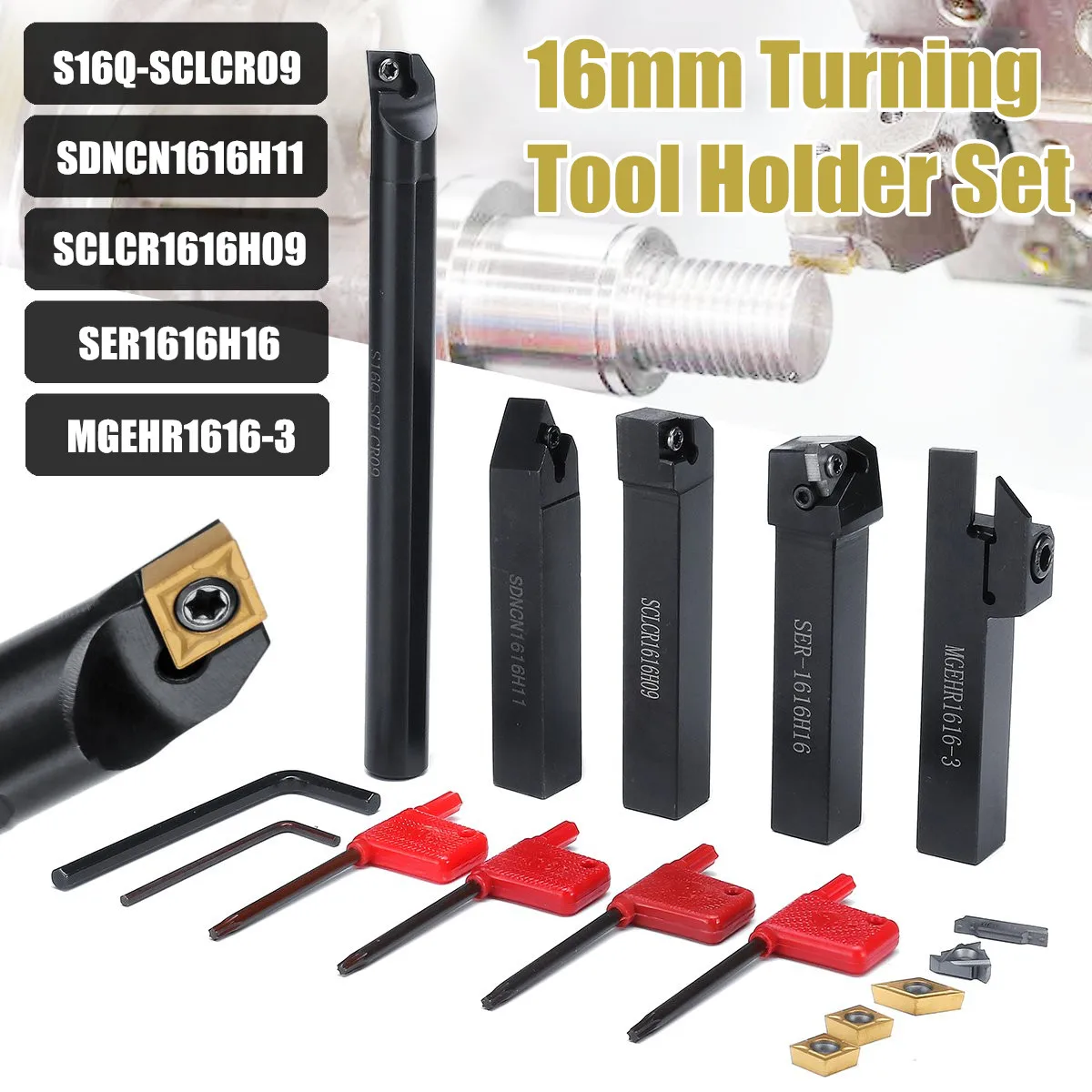 

WOLIKE 5Pcs 16MM Shank Turning Holder Tool set With Blade&Wrench For Bench Lathe & CNC Turning Tool