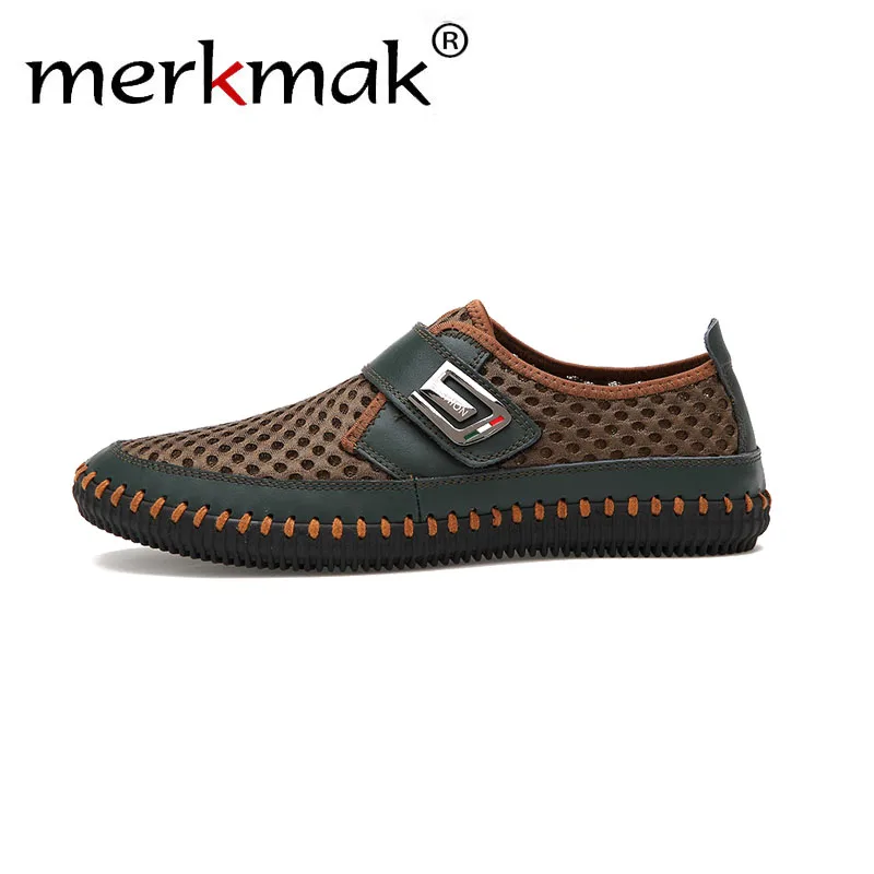 Merkmak Genuine Leather Summer Shoes Men Flats Loafers Breathable Casual Chaussure Homme Real Leather Driver Men Moccasins Shoes