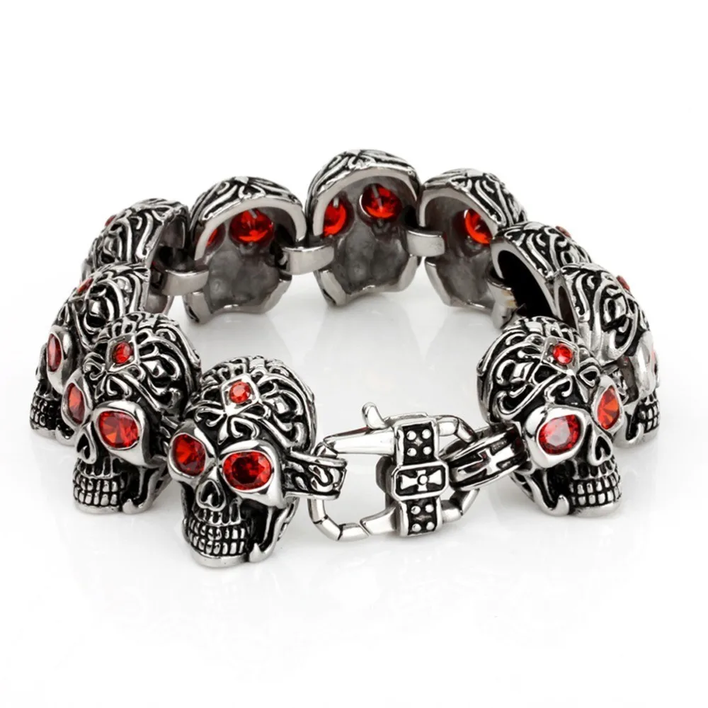 Мужские аксессуары из нержавеющей стали байкерские ювелирные изделия из бисера Череп Браслет Ретро панк готический скелет голова стразы браслеты